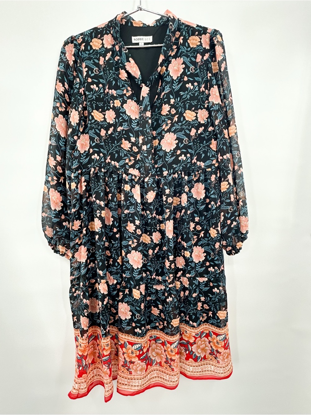 Robbie Bee Womens Lined Floral Long Sleeve Tie Neck Floral Boho Dress Large